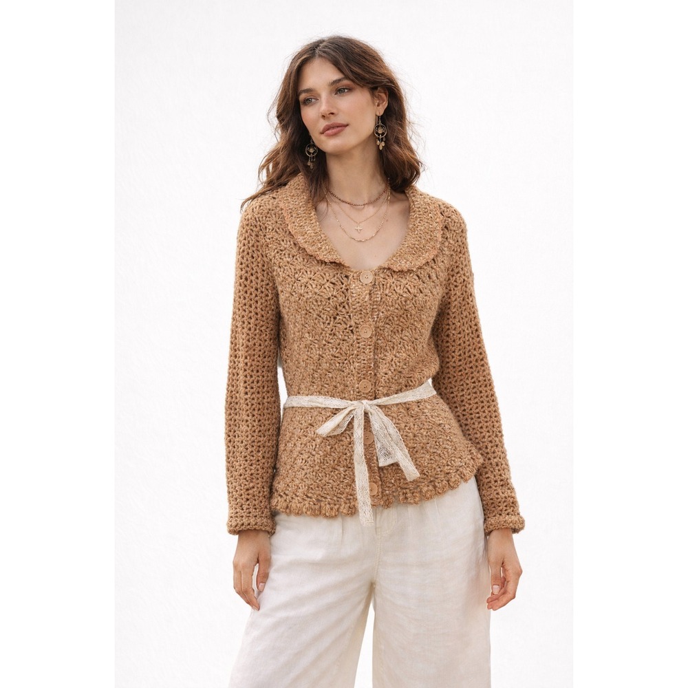 Anthropologie Moth Open Crochet Cardigan Sweater Size S Tan Belted Boho - Picture 1 of 9